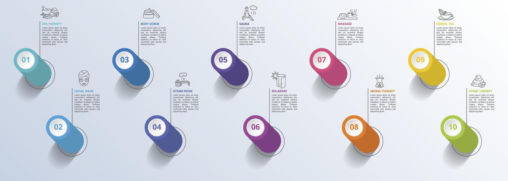 Infographic Spa Therapy icons illustration. 10 colored steps info template with editable text. vector
