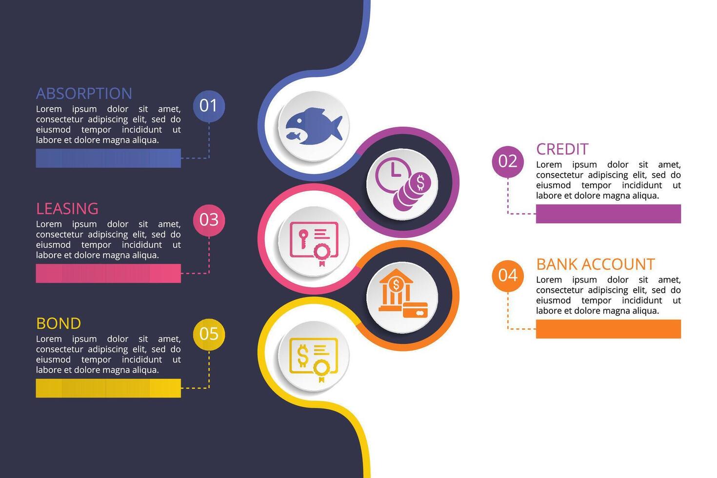 Infographic Banking template. Icons in different colors. Include Absorption, Credit, Leasing, Bank Account and others. vector