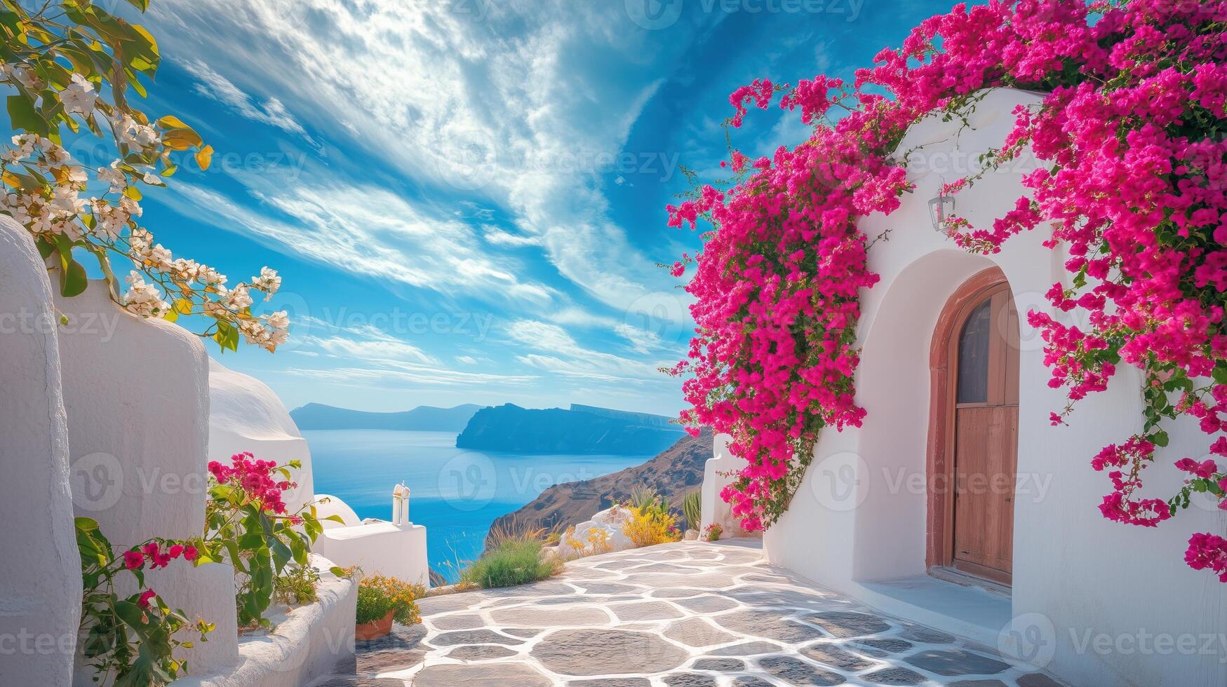 Beautiful landscape of Santorini with blue sky and flowers photo
