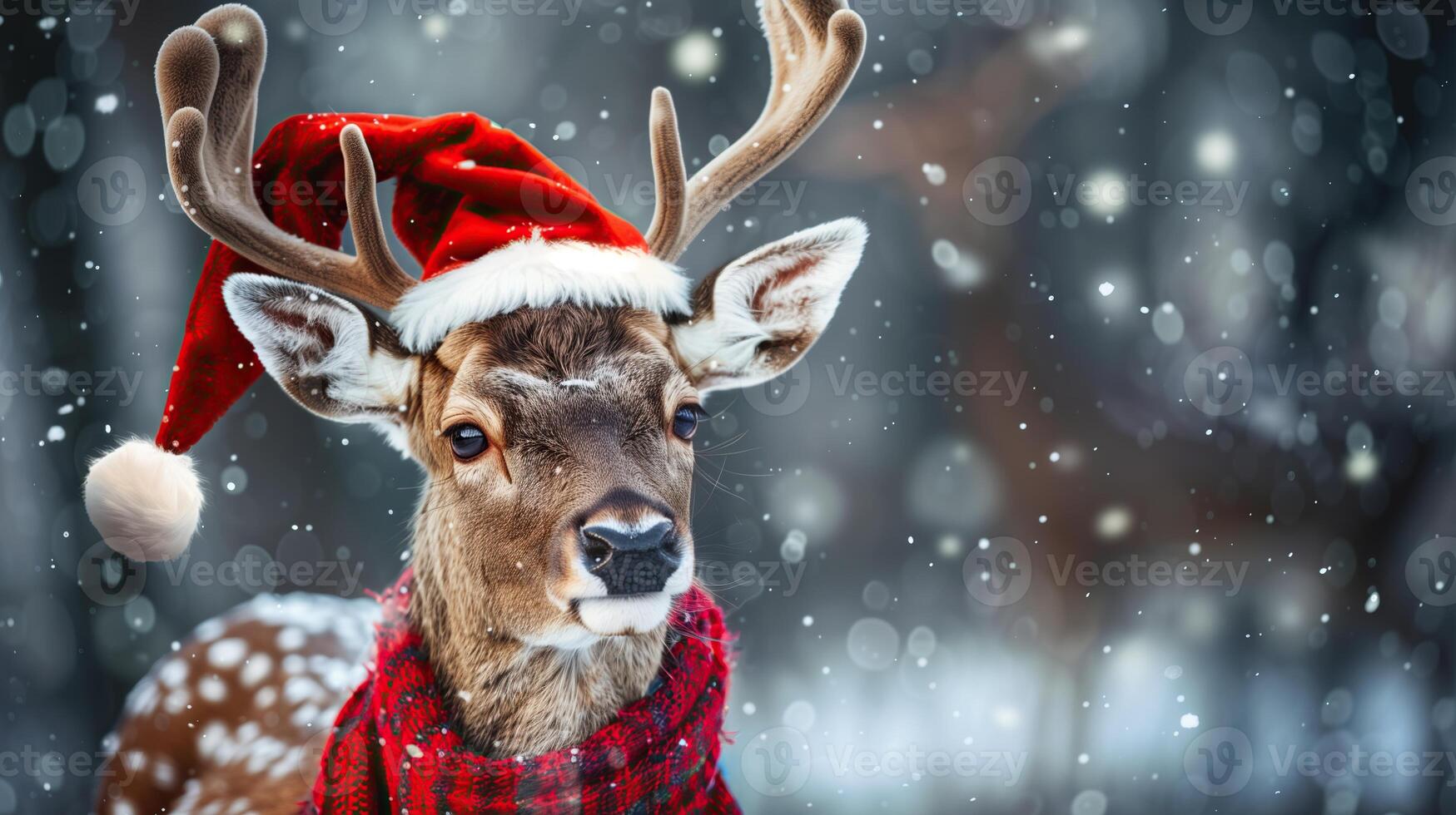 Deer in santa hat and scarf christmas background photo