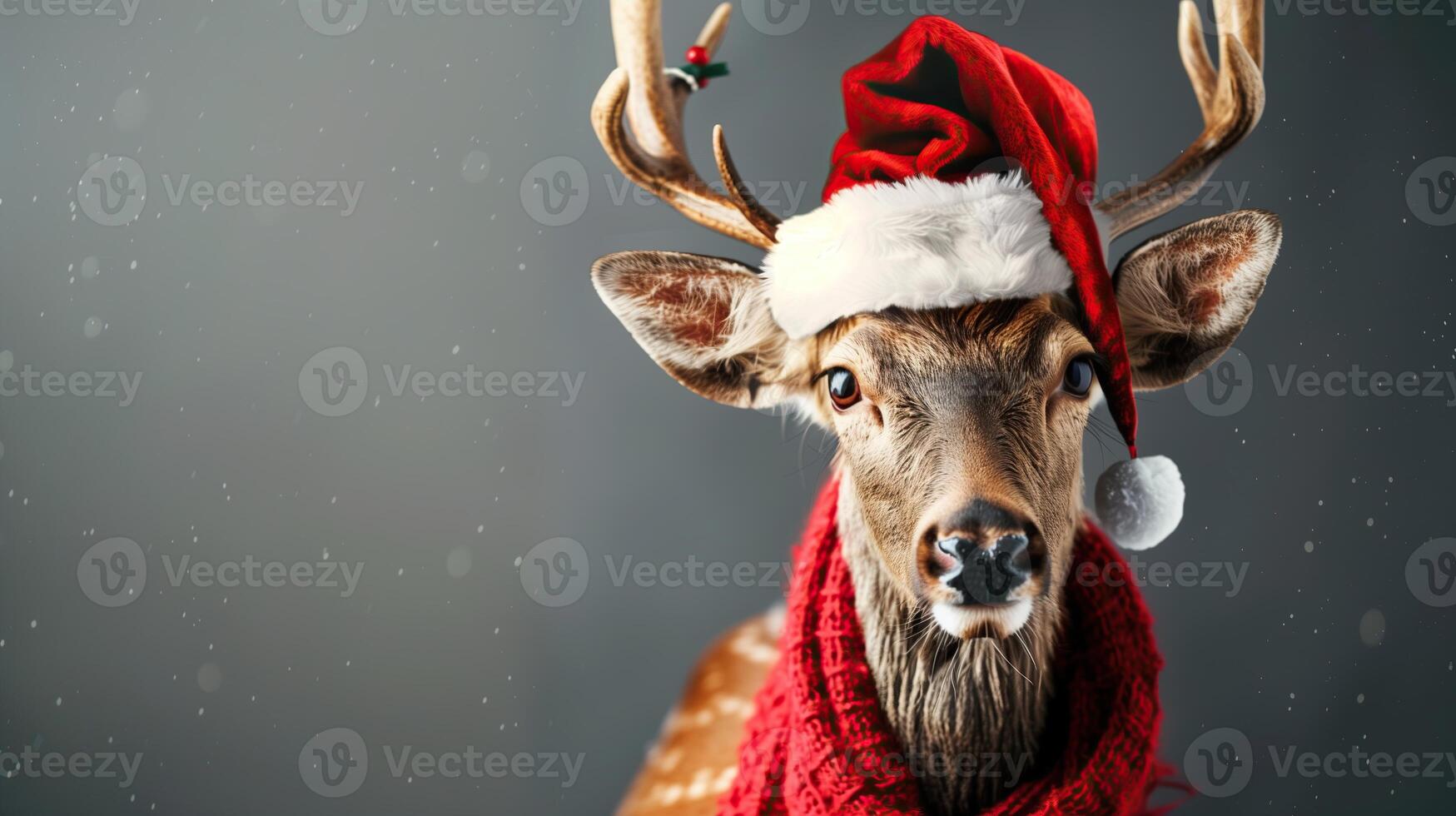Deer in santa hat and scarf on gray christmas background photo