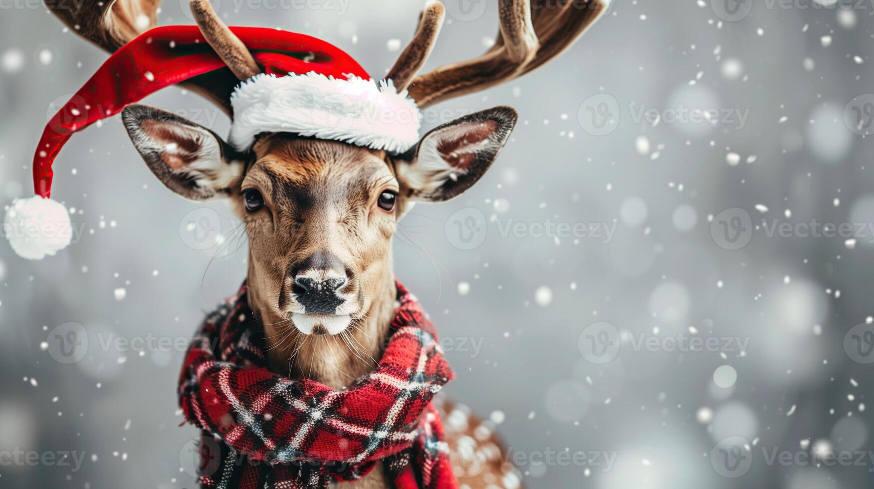 Deer in santa hat and scarf christmas background photo