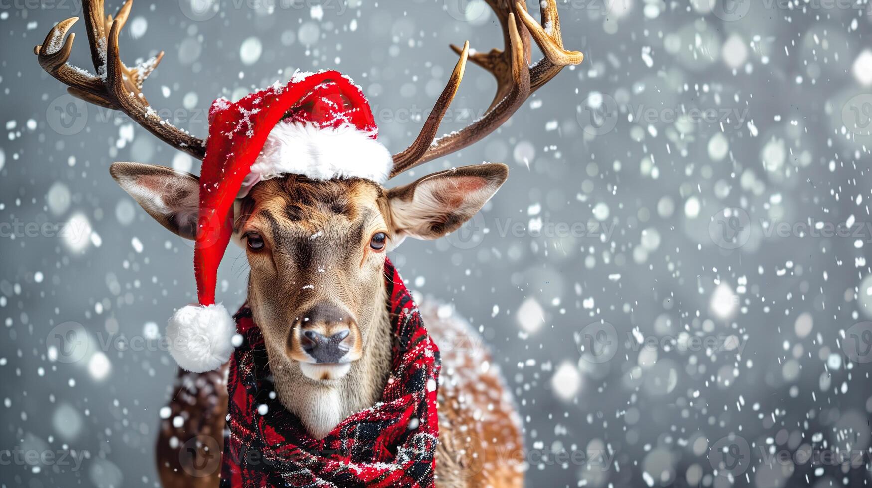 Deer in santa hat and scarf christmas background photo