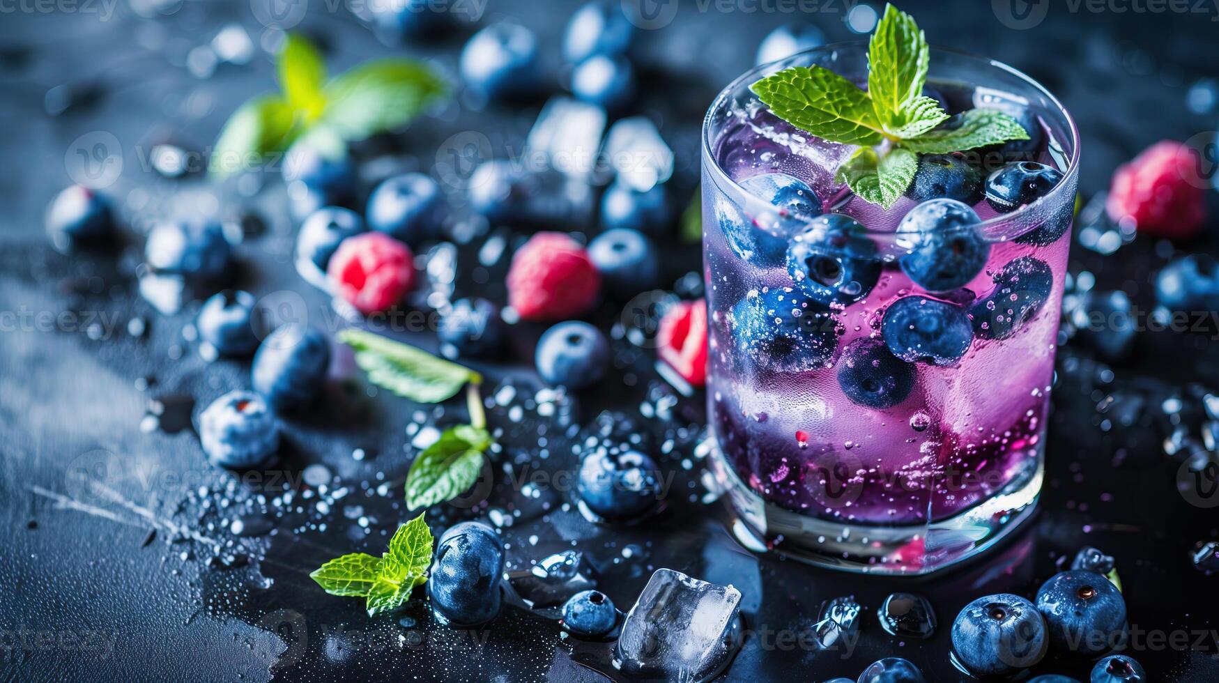 Blueberry Cocktail with fresh organic fruits and herbs photo