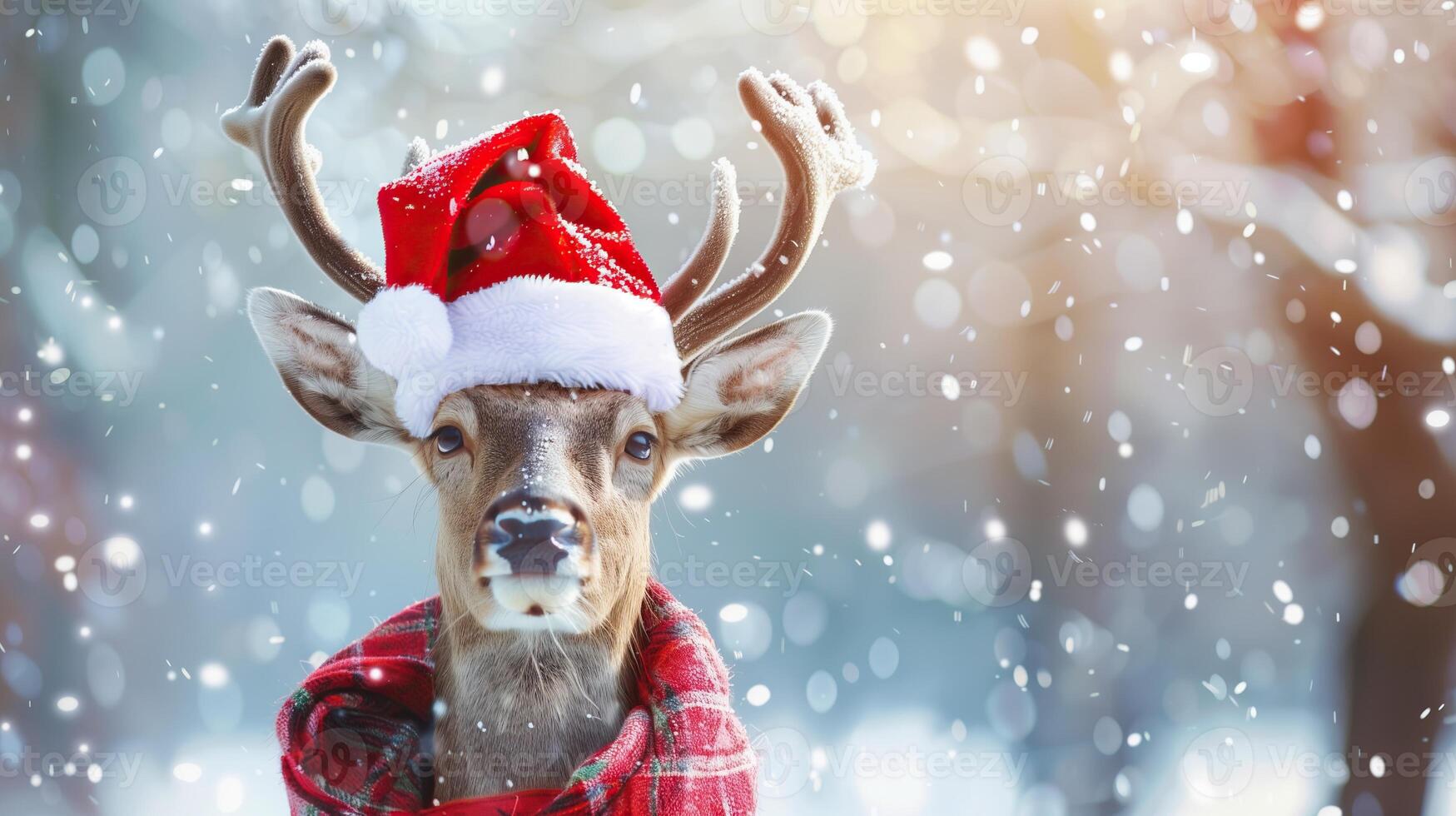 Deer in santa hat and scarf on gray christmas background photo