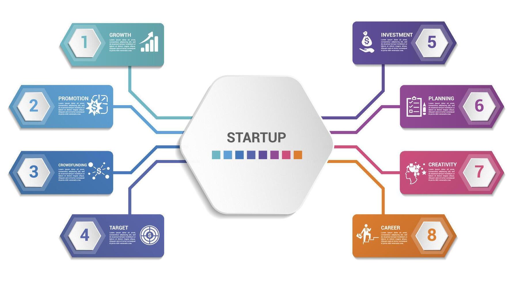 Infographic Startup template. Icons in different colors. Include Partnership, Precision, Career, Creativity and others. vector