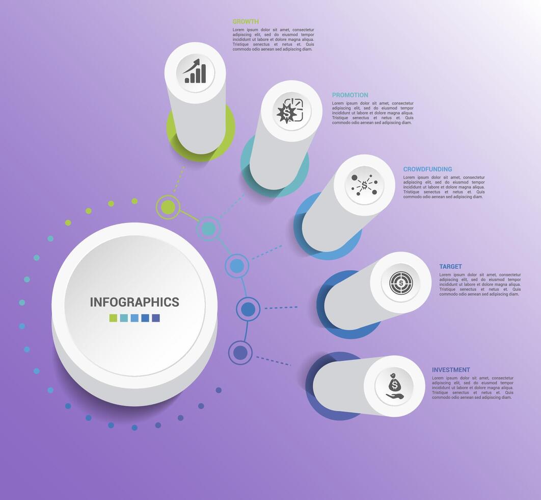 Infographic Startup template. Icons in different colors. Include Partnership, Precision, Career, Creativity and others. vector