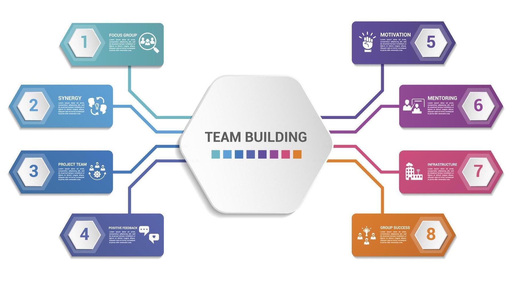 Infographic Team Building template. Icons in different colors. Include Focus Group, Synergy, Project Team, Positive Feedback and others. vector