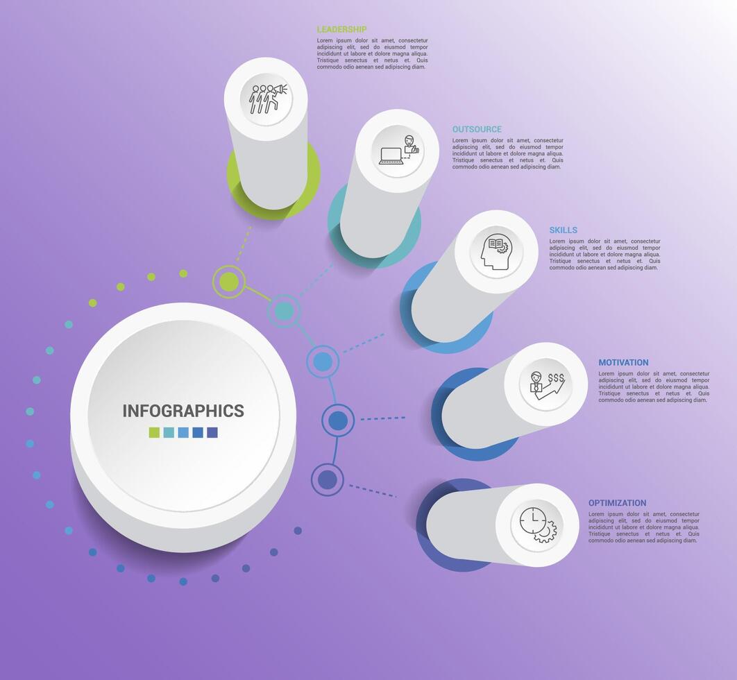 Infographic Teamwork template. Icons in different colors. Include Teamwork, Trust, Vision, Planning and others. vector