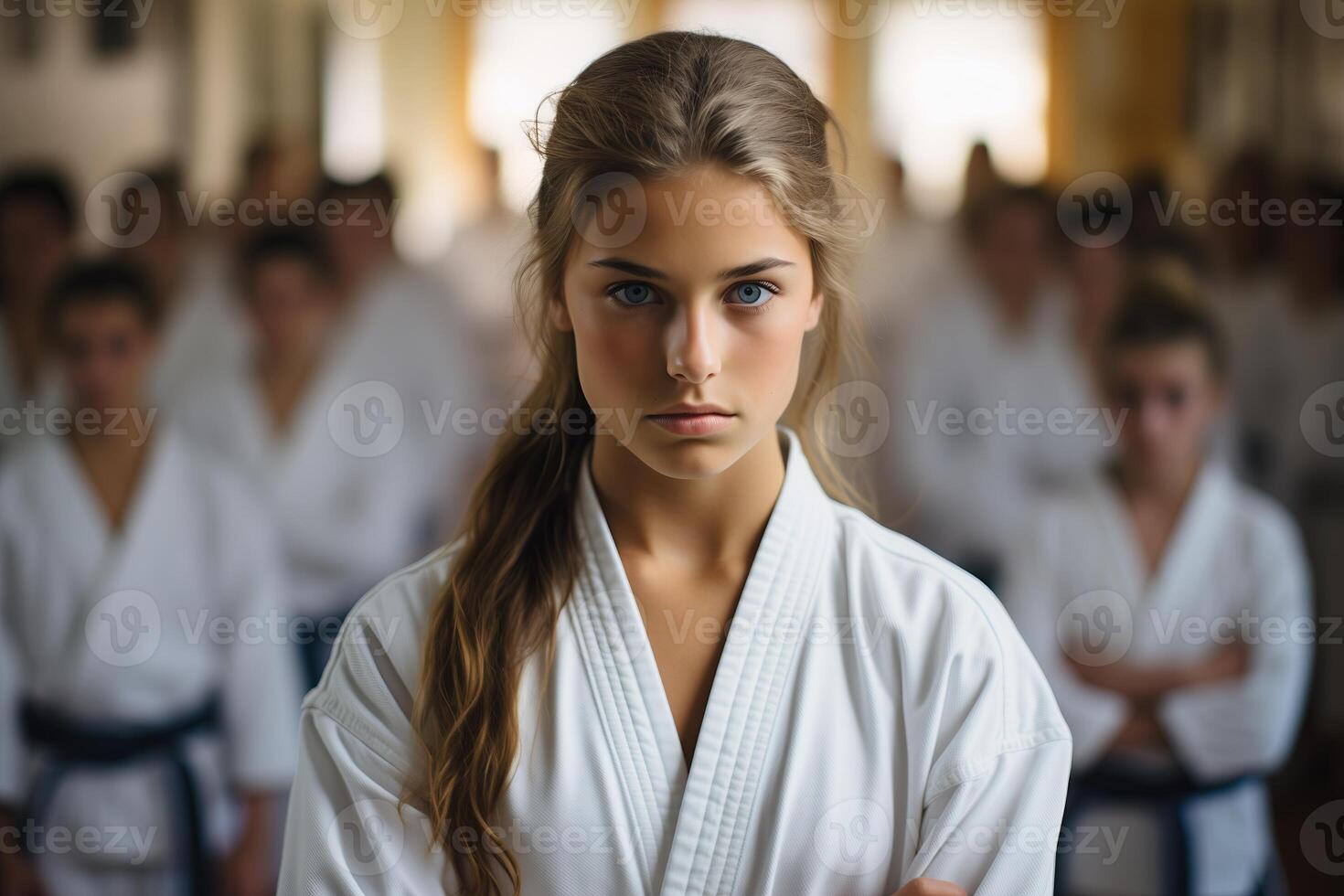 A focused young girl in a karate uniform with a black belt stands confidently at the forefront of her peers during training session. photo