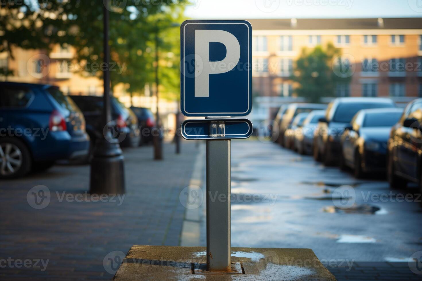 A parking sign stands in front of a row of parked cars in a lot. The vehicles are neatly aligned next to each other in an organized manner. photo