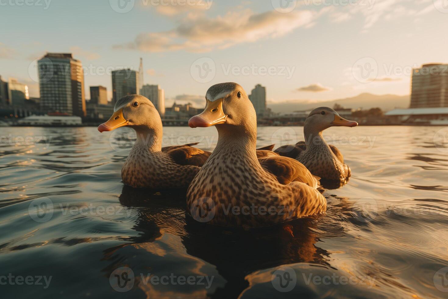 A group of ducks peacefully floating on the water of a serene lake. photo