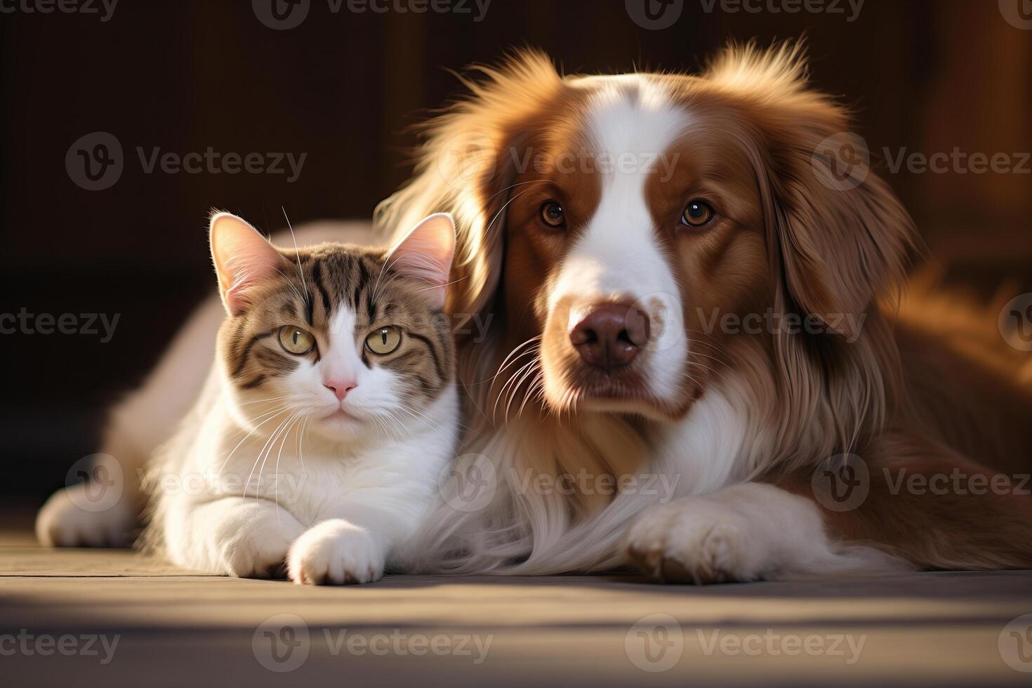 A dog and a cat lie on the ground next to each other and rest peacefully. Friendship between animals. photo