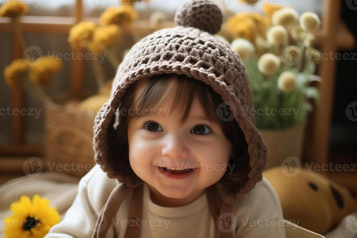 A cheerful baby with dark hair is lying down wearing a knitted hat, smiling brightly in a cozy indoor environment with soft lighting and plants. photo