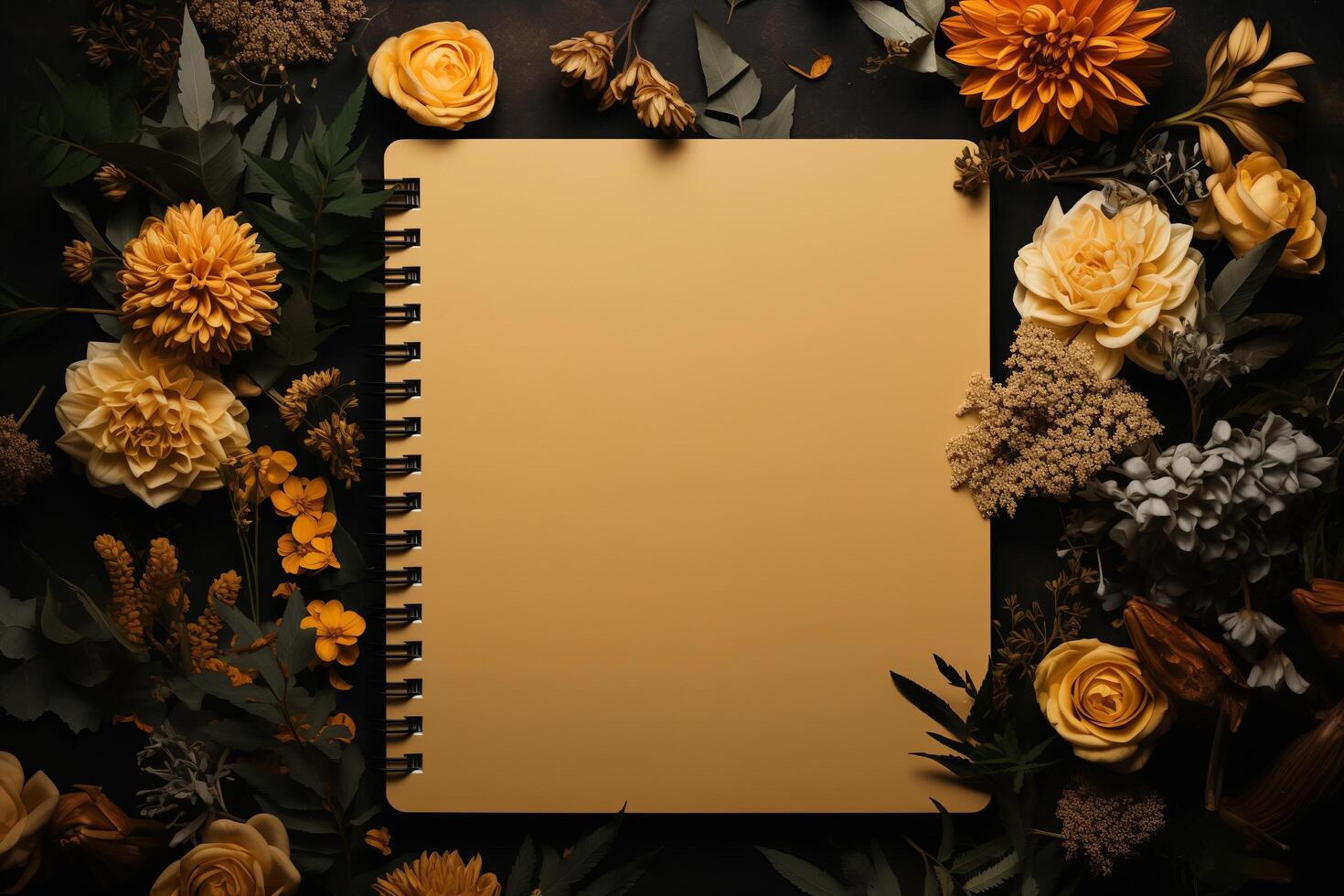 An open notebook lies on a surface, surrounded by various colorful flowers and leaves around it. photo