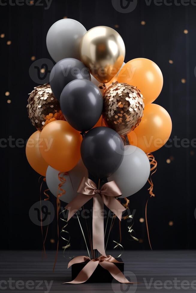 A cluster of black and gold balloons floating in the air, creating a festive and elegant atmosphere. photo