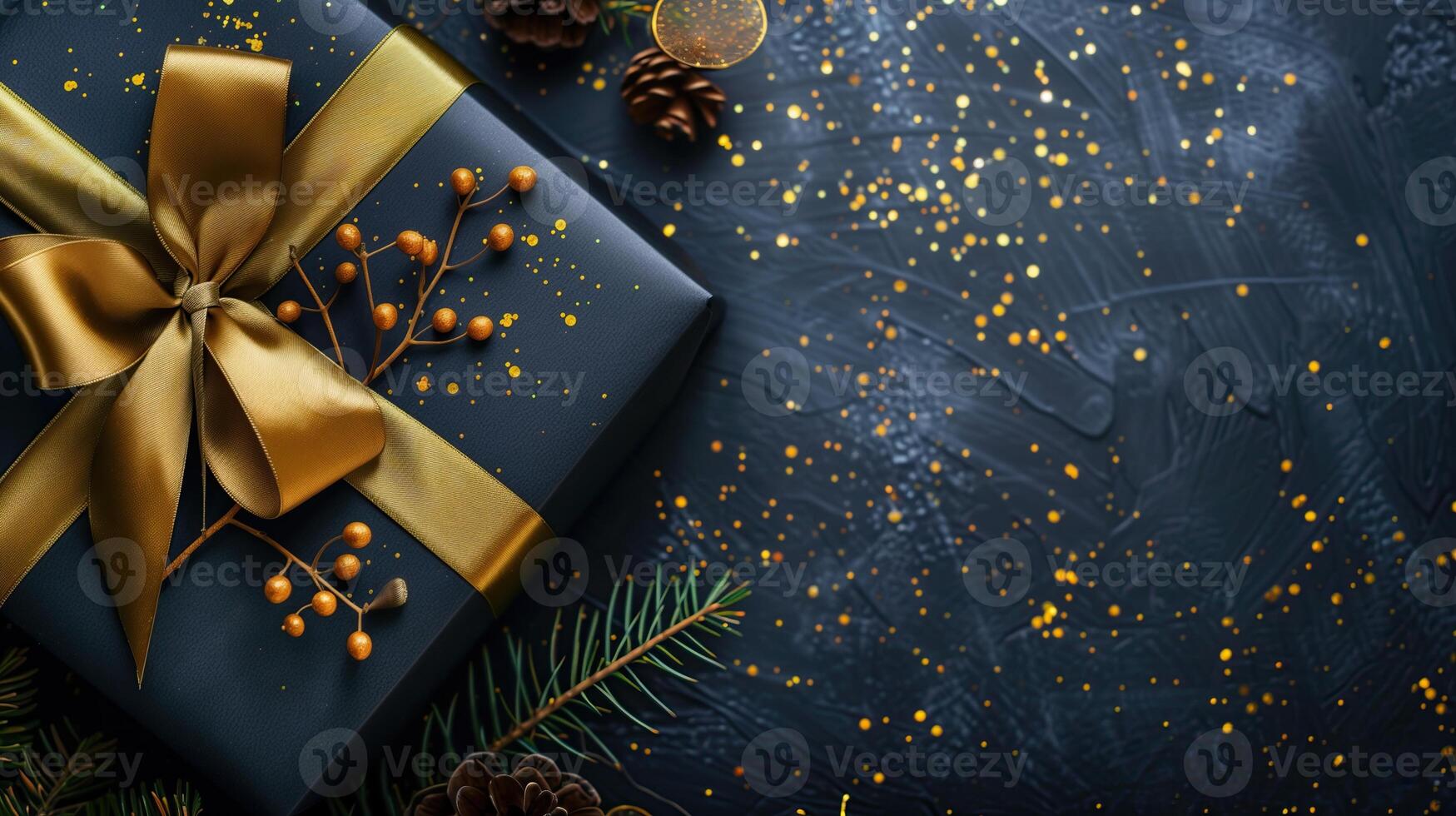 Dark gradient gift box with elegant gold ribbon on dark background photo