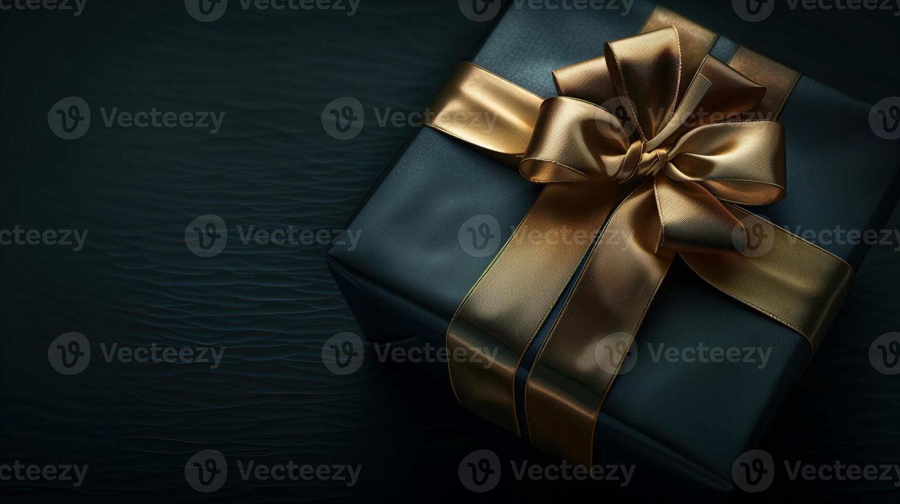Dark gradient gift box with elegant gold ribbon on dark background photo