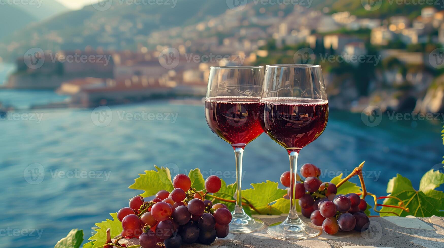 Two glasses of red wine and a grapevine photo