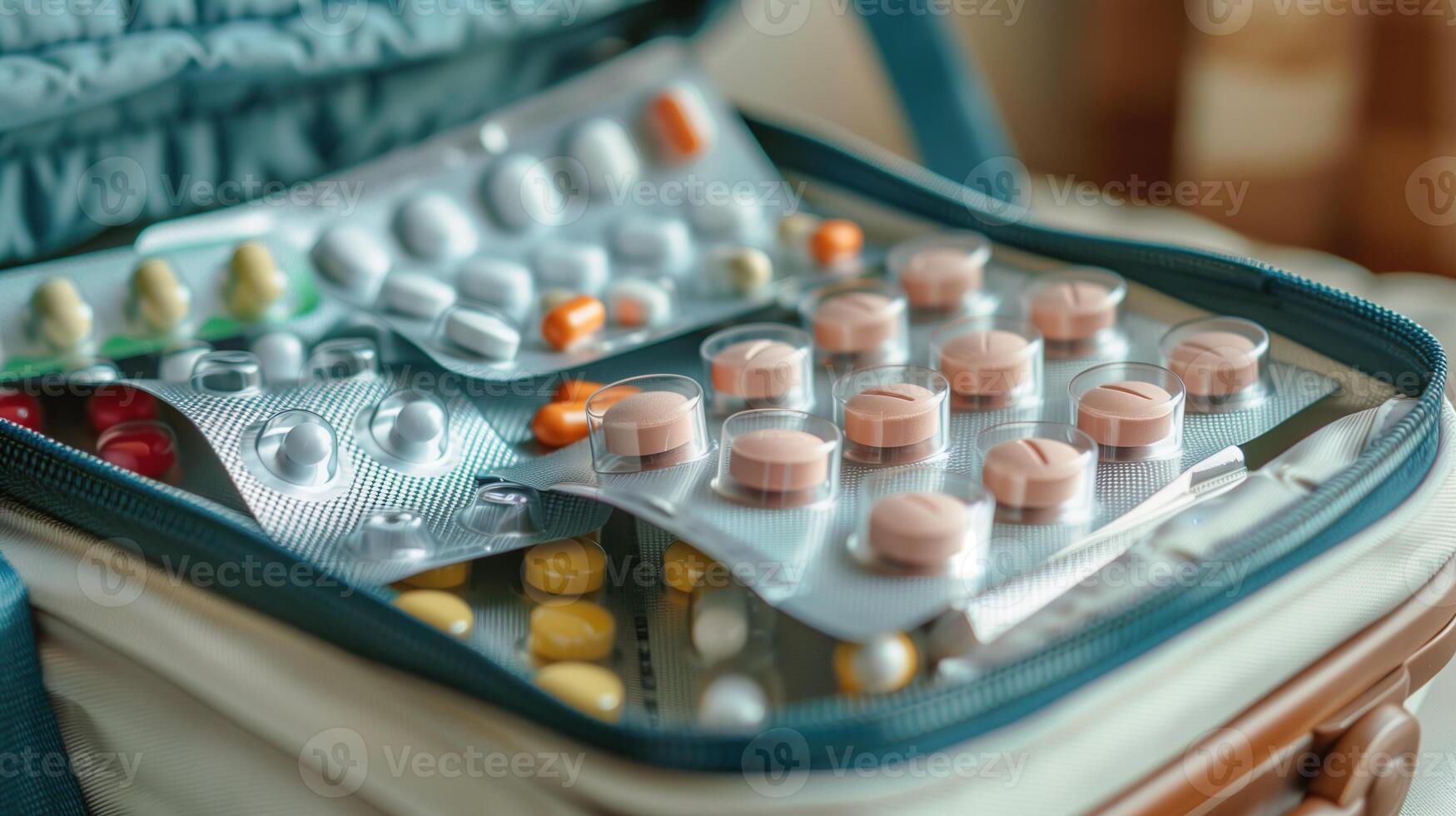 Pouch with different medicaments and pill box photo