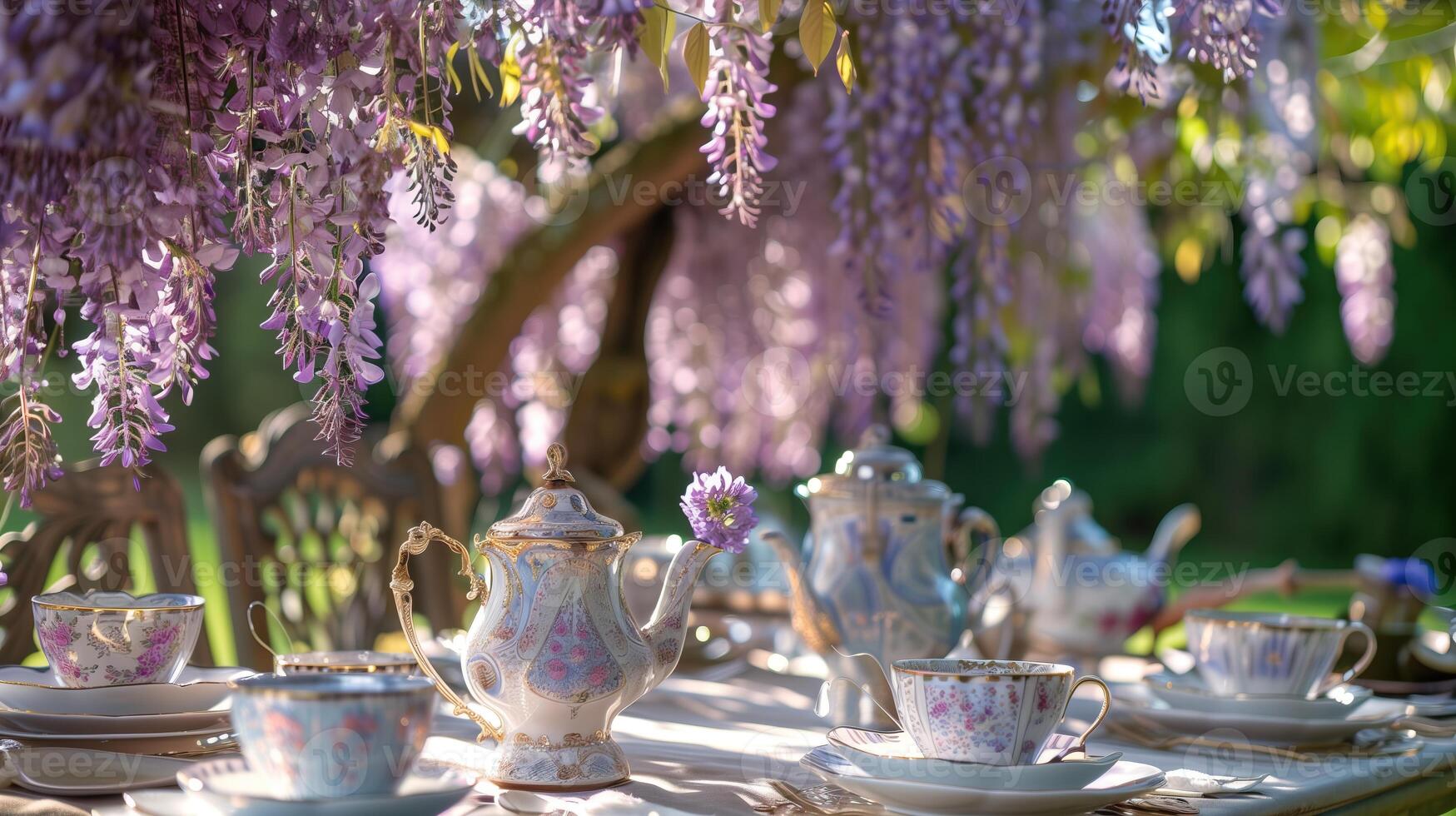 Bridgerton tea party table with wisteria photo