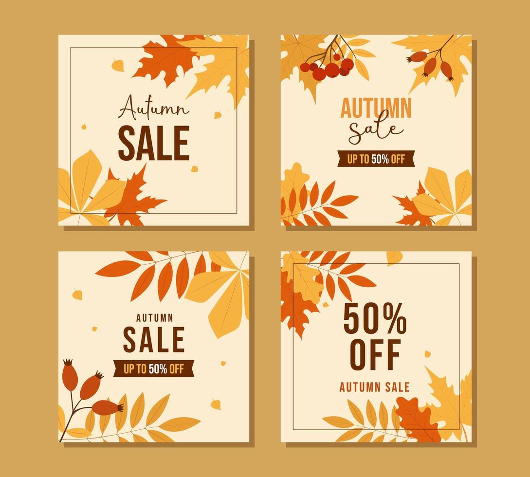 Square set for autumn sale with fall leaves. banner templates for seasonal discounts in social networks vector