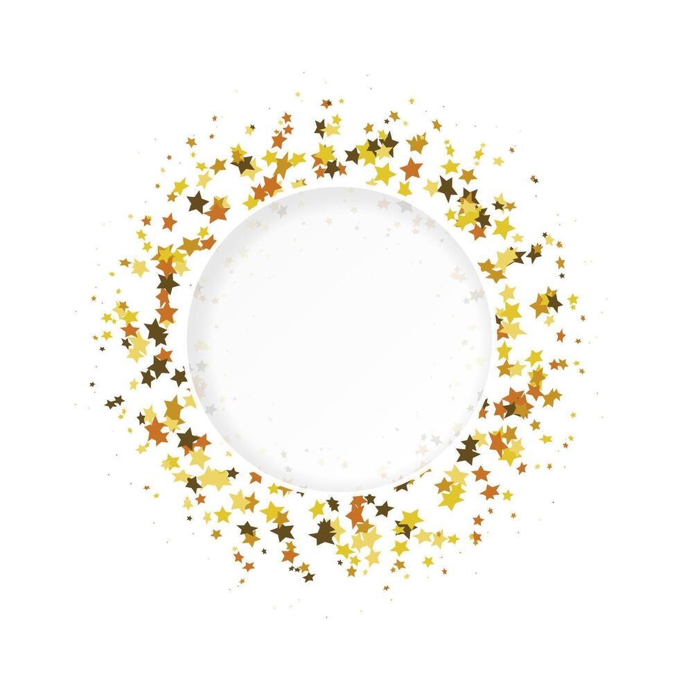 Round golden frame or border of random scattered golden stars isolated on white background. Design element for holiday banner. vector