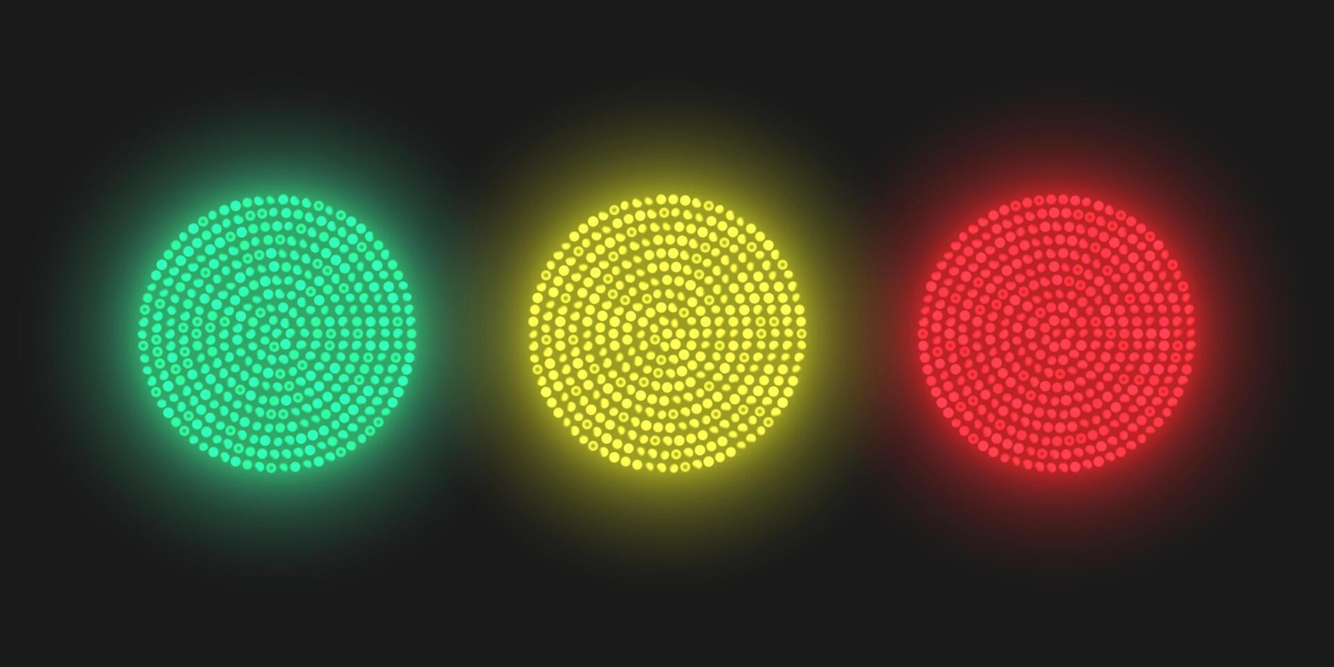 Bright glowing circles consisting of LEDs. Traffic lights of red, yellow and green colors. vector
