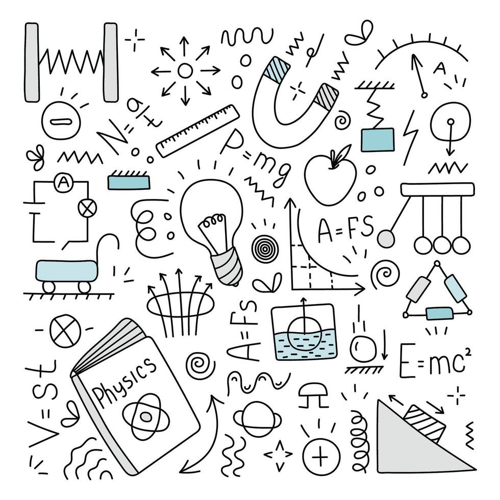 Physics set of doodle elements. , isolated vector