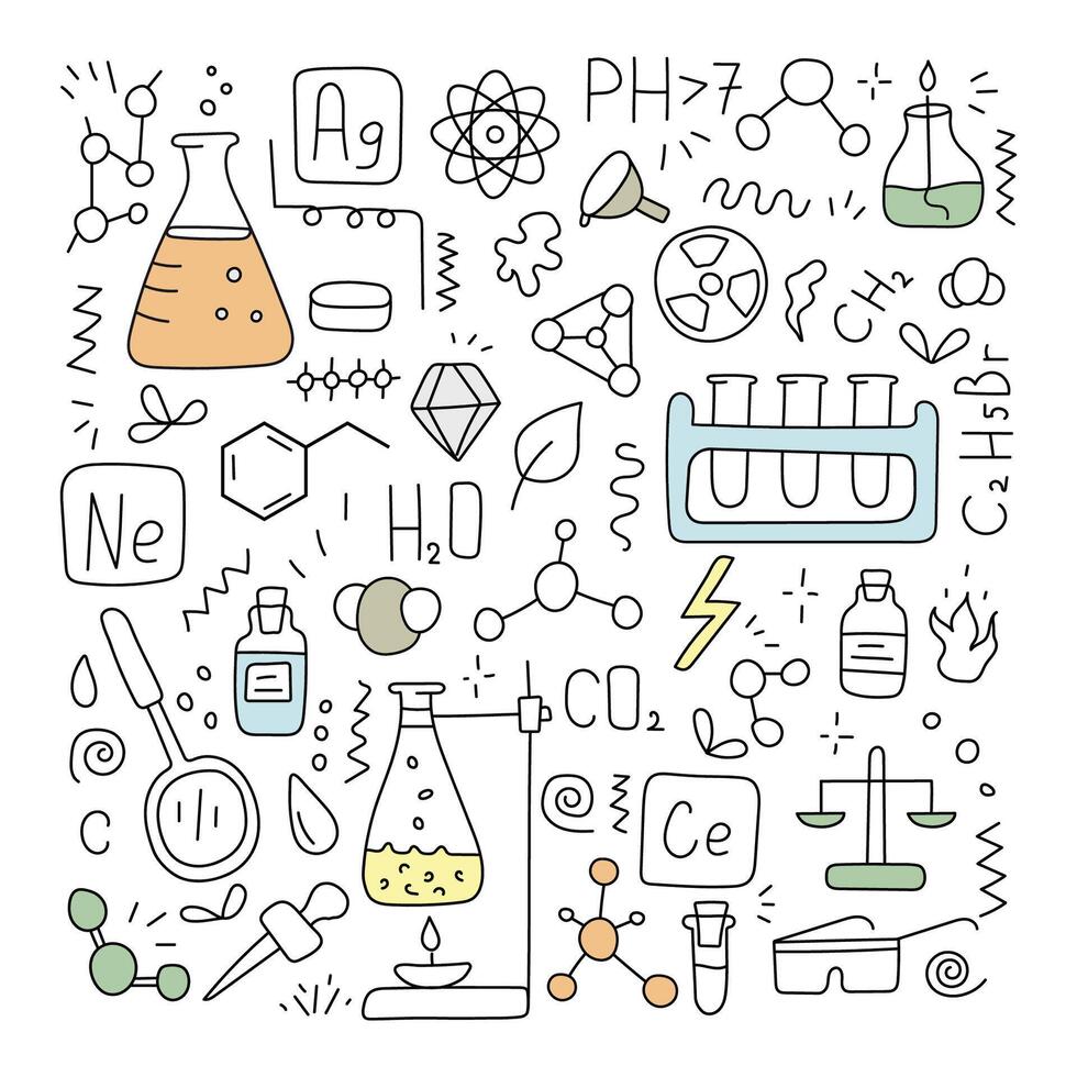 Chemistry set of doodle elements. , isolated vector