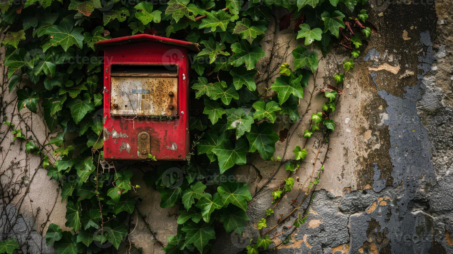 Red Mailbox Covered In Ivy On An Old Stone Wall photo