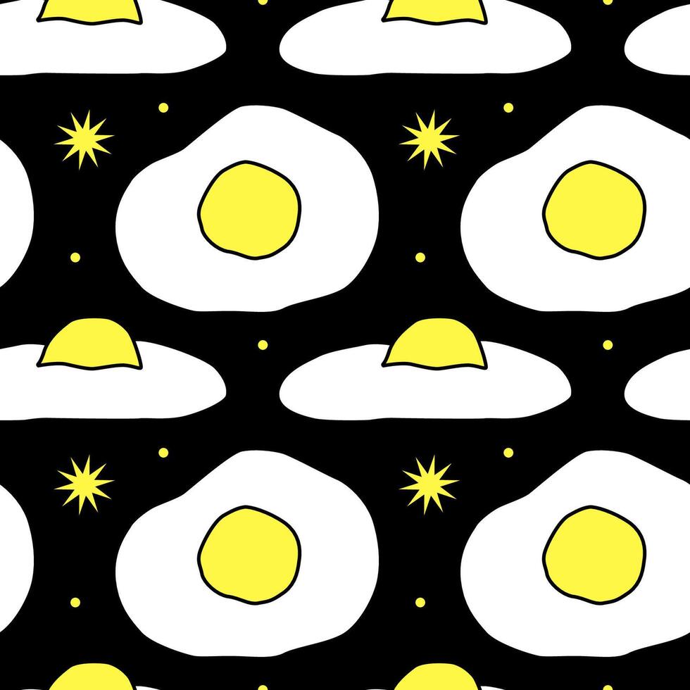 Fried egg seamless pattern. Retro linear illustration. Trendy and creative background with drawing of scrambled egg. Hand drawn sketch doodle style. vector