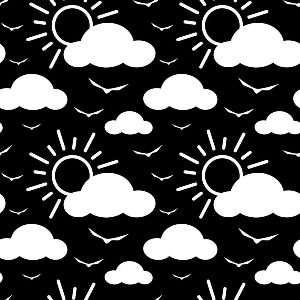 Monochrome retro seamless pattern with clouds. Black and white illustration of sky and cloudy weather. Dark background with clouds, sun and birds. vector