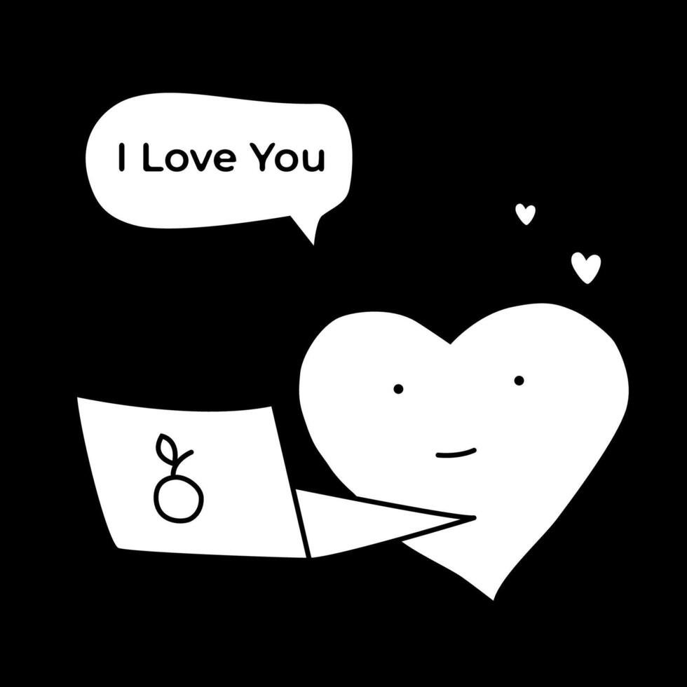 Declaration of love. Heart character reads message on laptop screen. Black and white illustration. Cute and funny drawing for Valentines Day. Heart and laptop icon. Hand drawn doodle style. vector