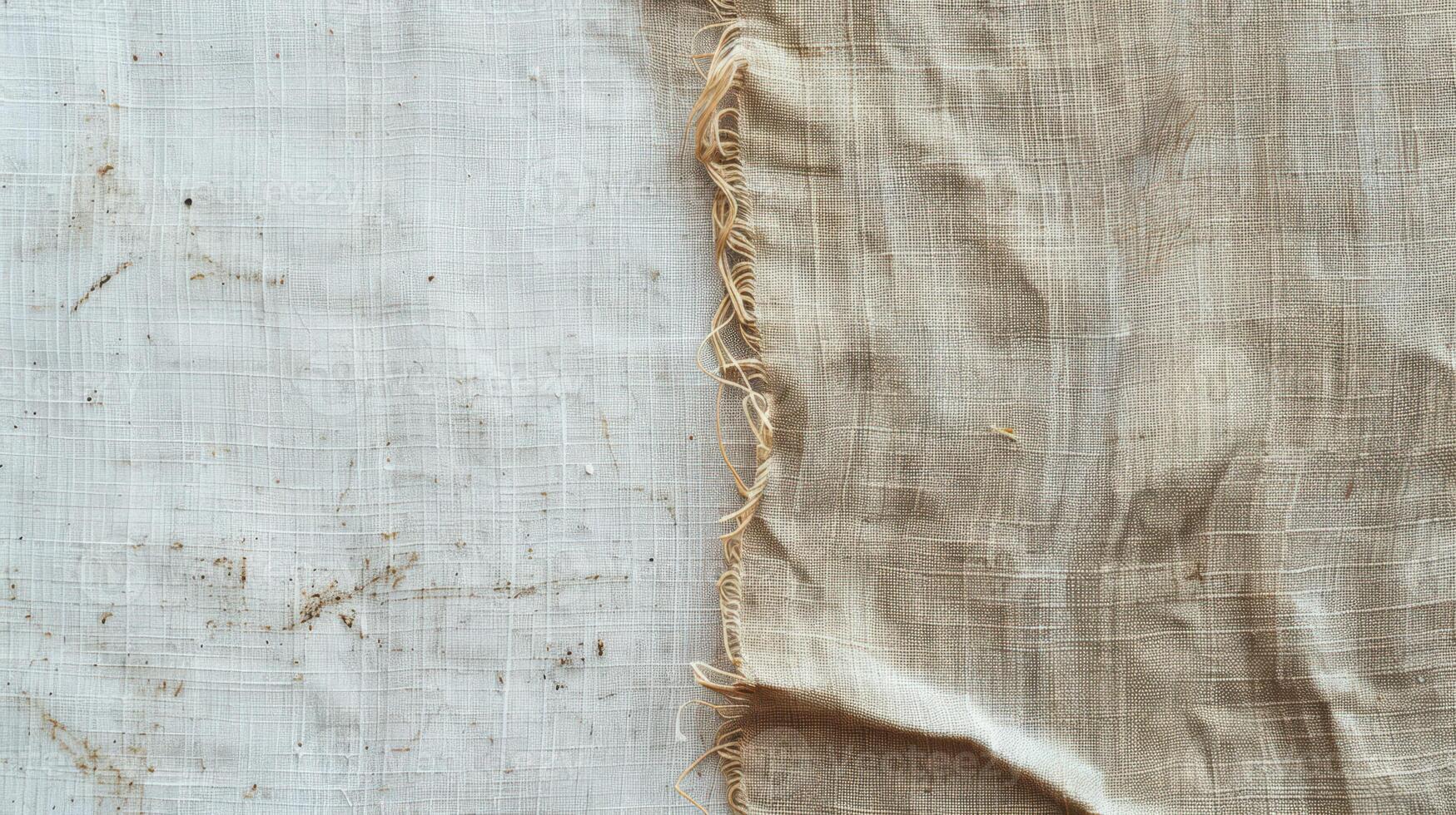 Close Up of White and Beige Linen Fabric With Frayed Edge photo