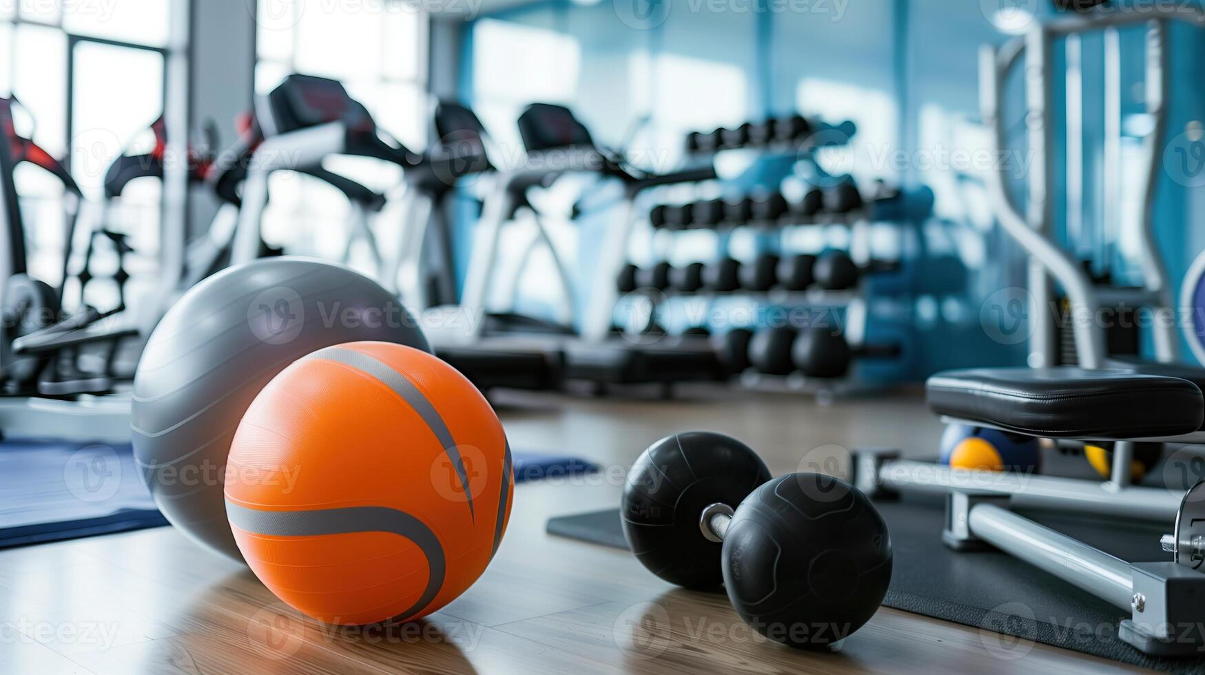 Different sports equipment and fitness ball in gym photo