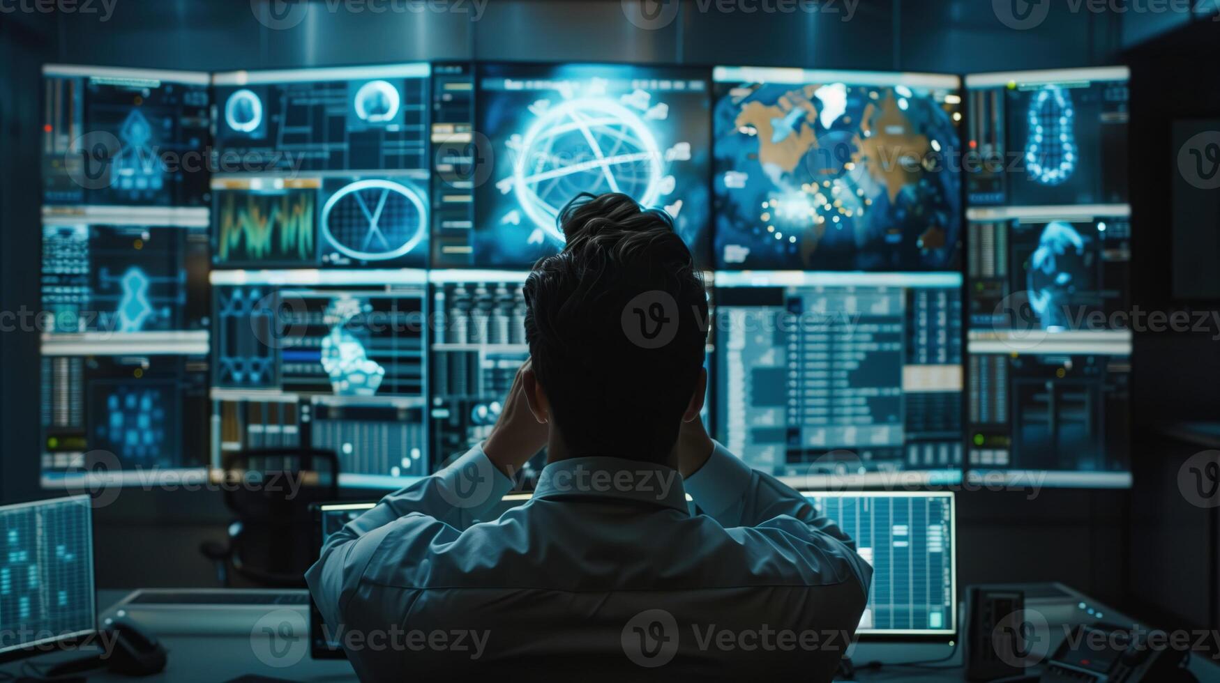 A security expert in front of multiple computer screens photo