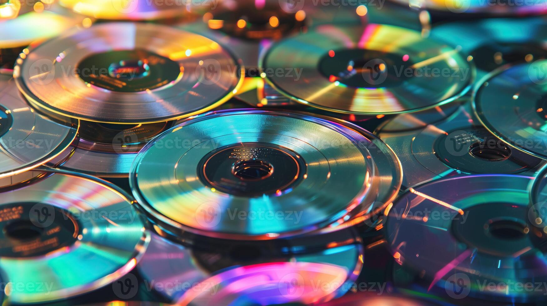 Colorful stack of CDs in a chaotic pile photo