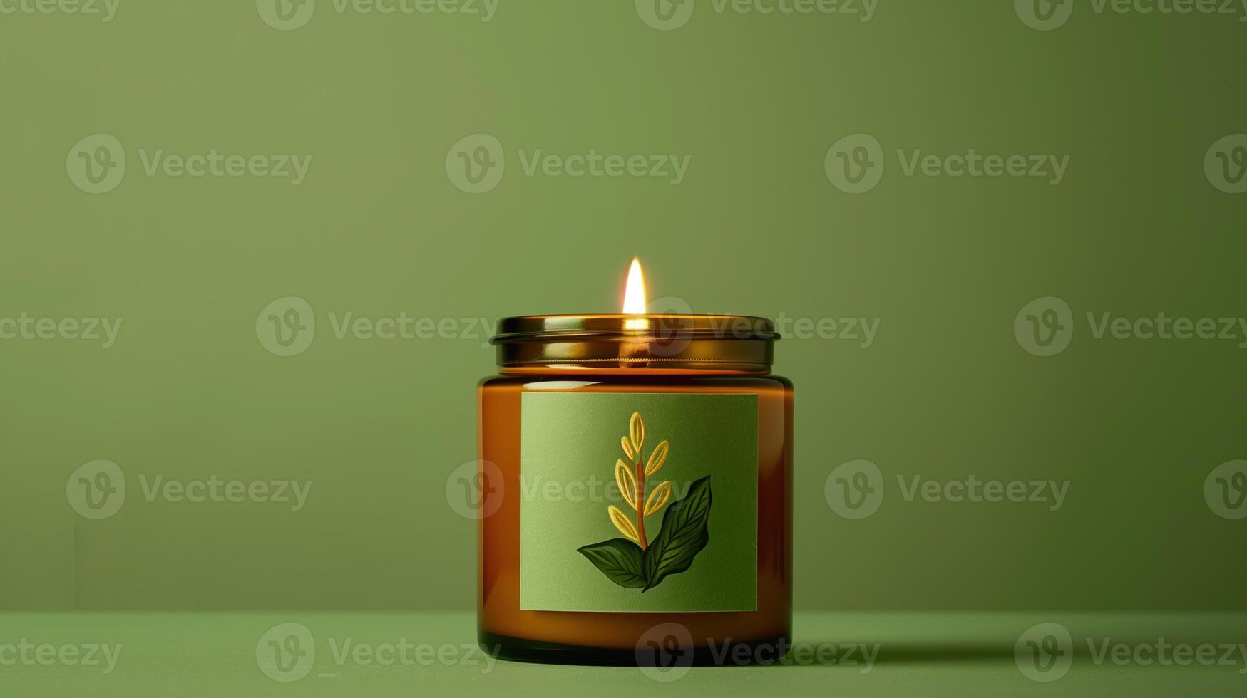An amber candle with a green sage and lemon label photo