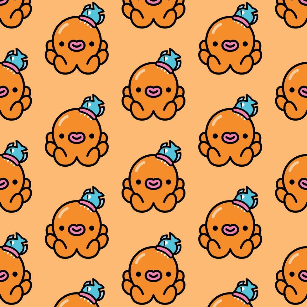 CUTE LITTLE ORANGE OCTOPUS WITH A PIRANHA ON HIS HEAD SEAMLESS PATTERN vector