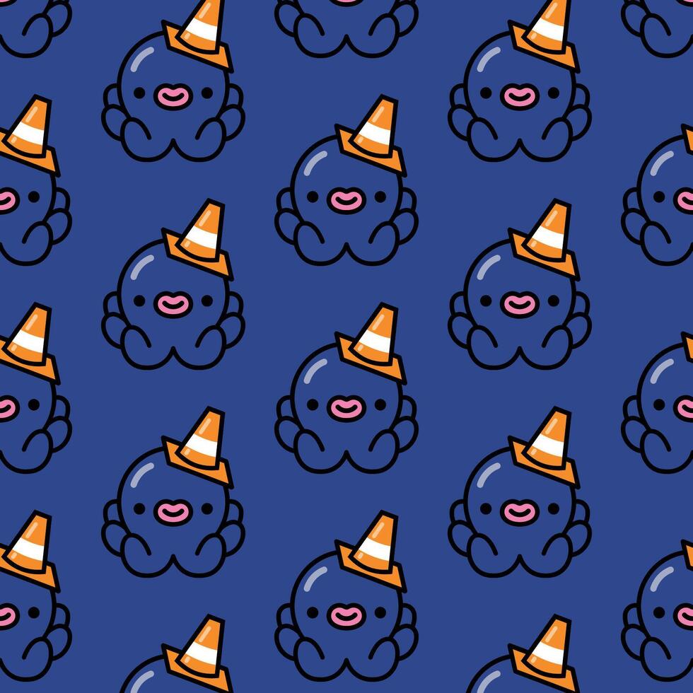 CUTE LITTLE BLUE OCTOPUS WITH A CONE ON HIS HEAD SEAMLESS PATTERN vector