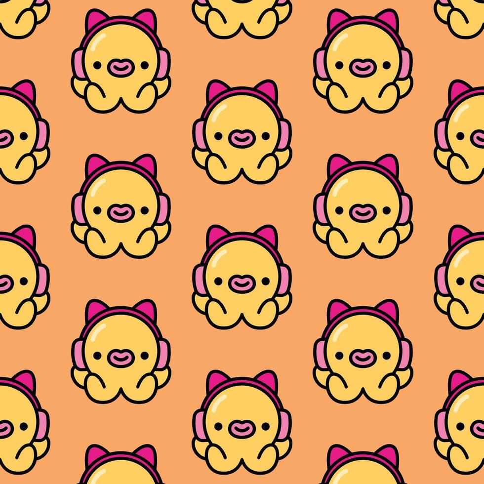 CUTE LITTLE YELLOW OCTOPUS WITH AN HEADPHONE ON HIS HEAD SEAMLESS PATTERN vector