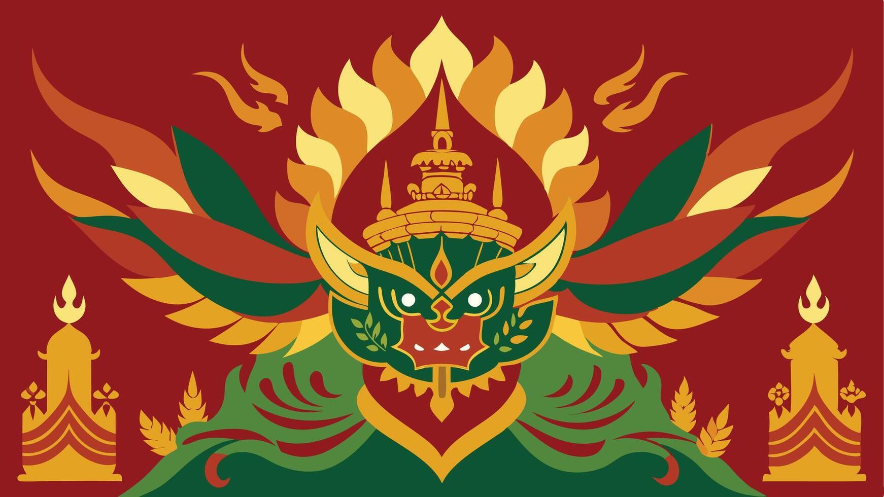 a wallpaper design featuring traditional Thai motifs such as intricate lotus flowers, elaborate temple architecture, and mythical creatures like the Garuda and Naga. vector