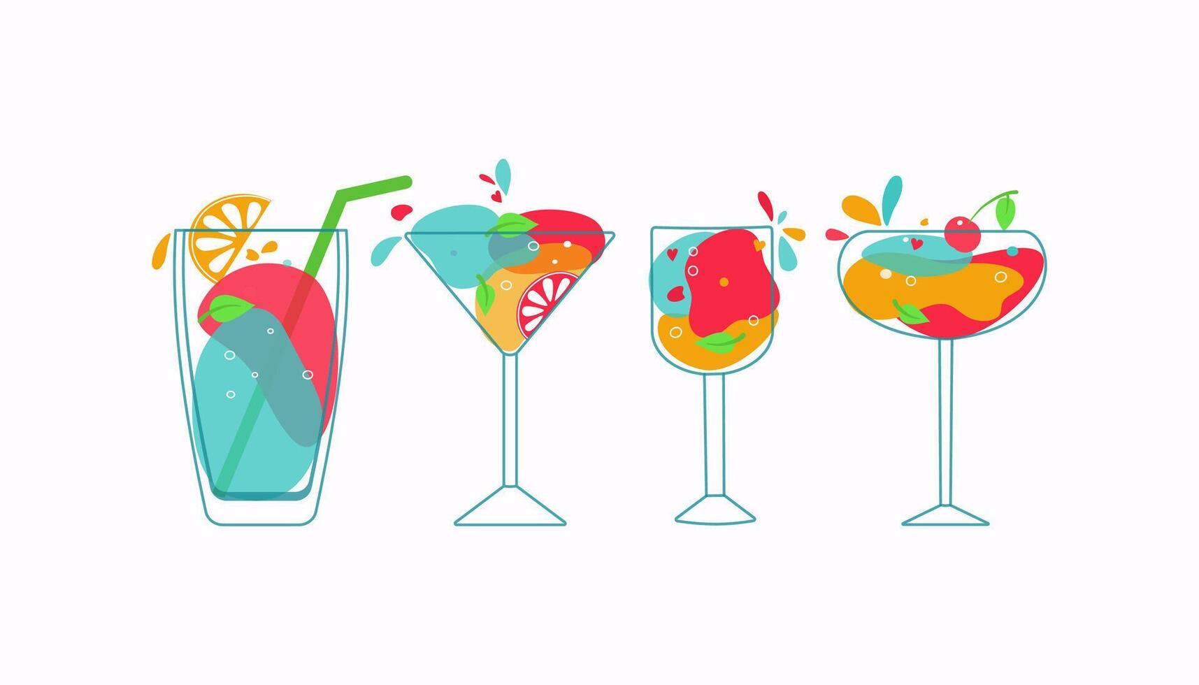 Set delicious summer alcoholic cocktails fruit. Different colored drinks, wine glasses. Mixed cold drinks. Fresh exotic tropical beach bar. Alcohol, lemonade. Flat cartoon icon, white background. vector