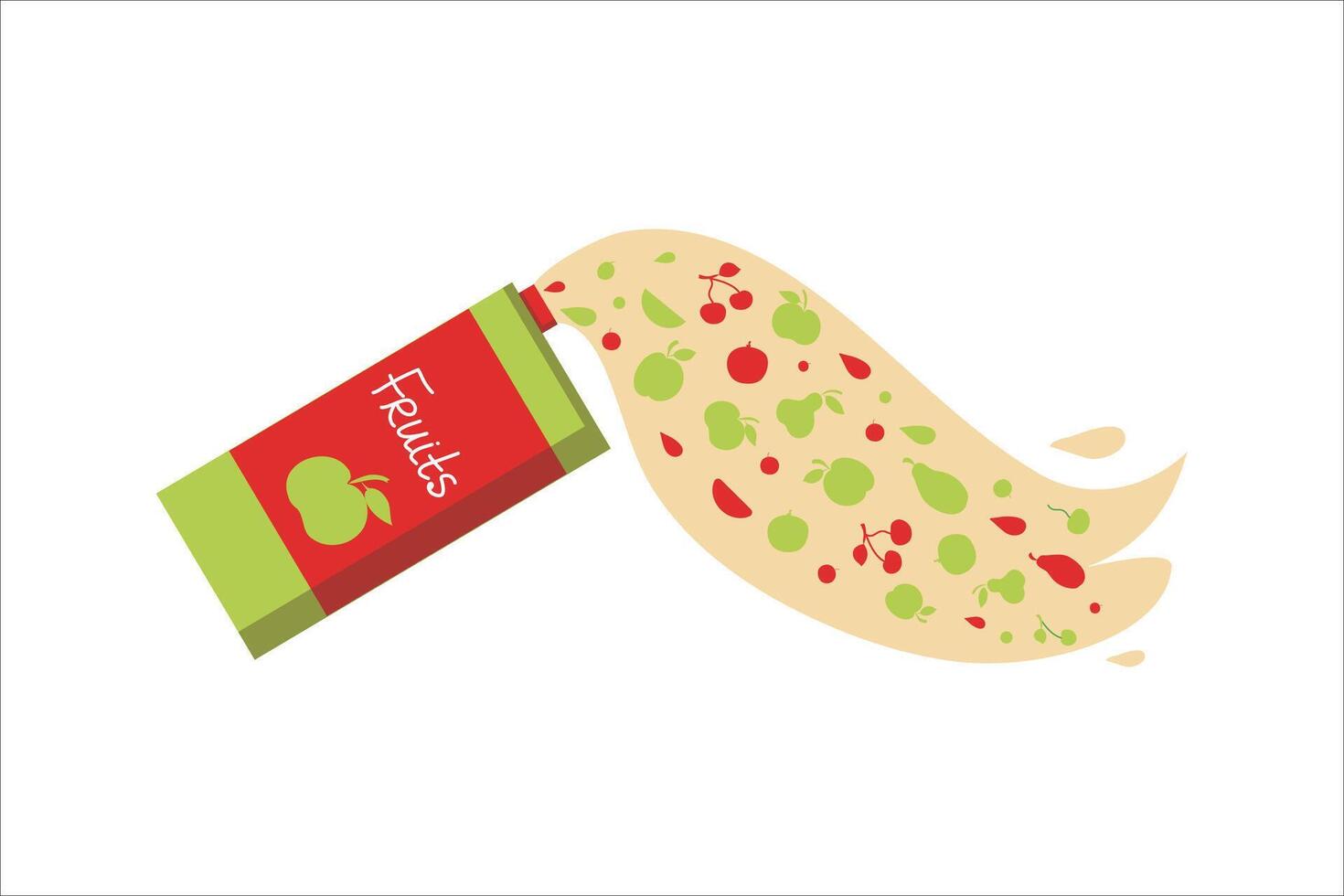 Juice box. Fruit juice. Cardboard packaging. Apple drink. Drops and splashes of juice. vector