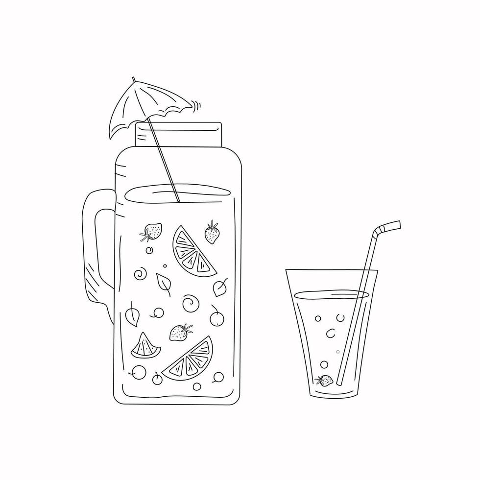 Glass jug and glass with natural juice, lemonade. Detox, water with lemon, lime, strawberry. Drawing, doodle. Decorative umbrella. vector