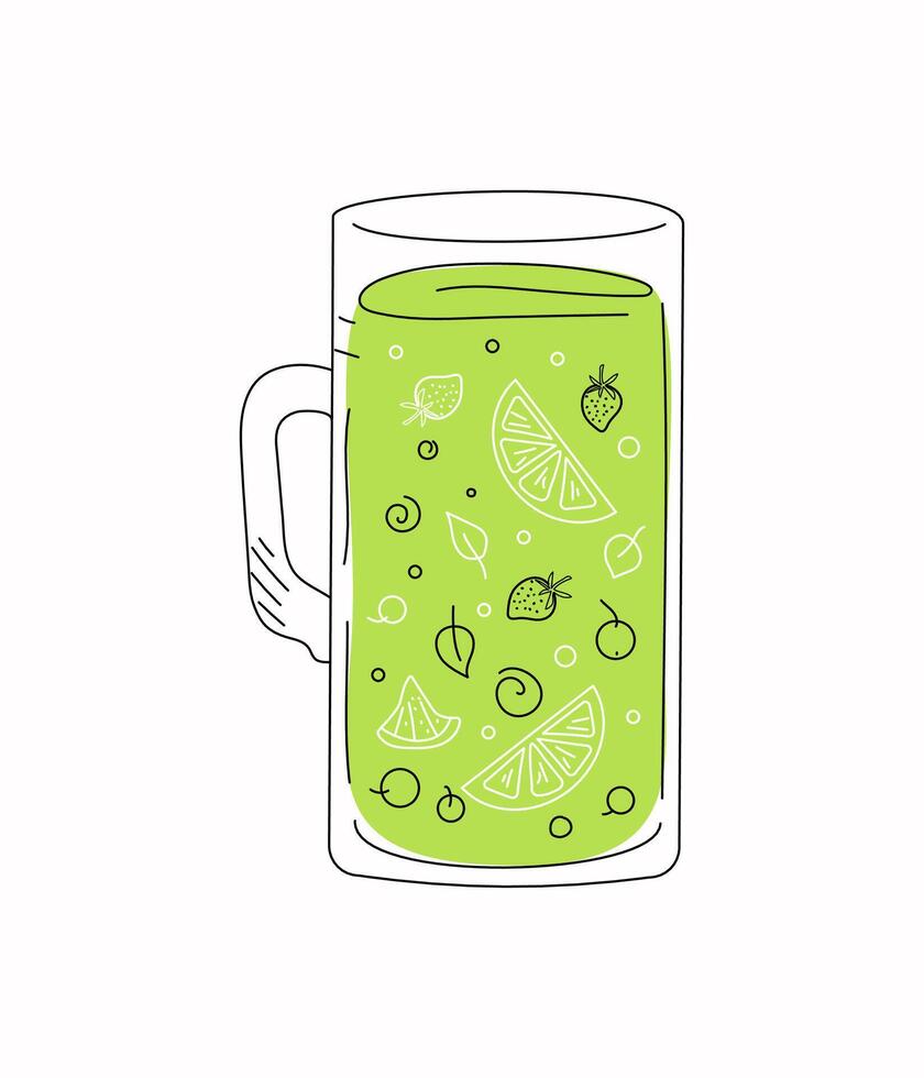 Glass mug with fruit, berry juice, natural lemonade. Detox water. Citrus drink. Lime and strawberry. Drawing, doodle. vector