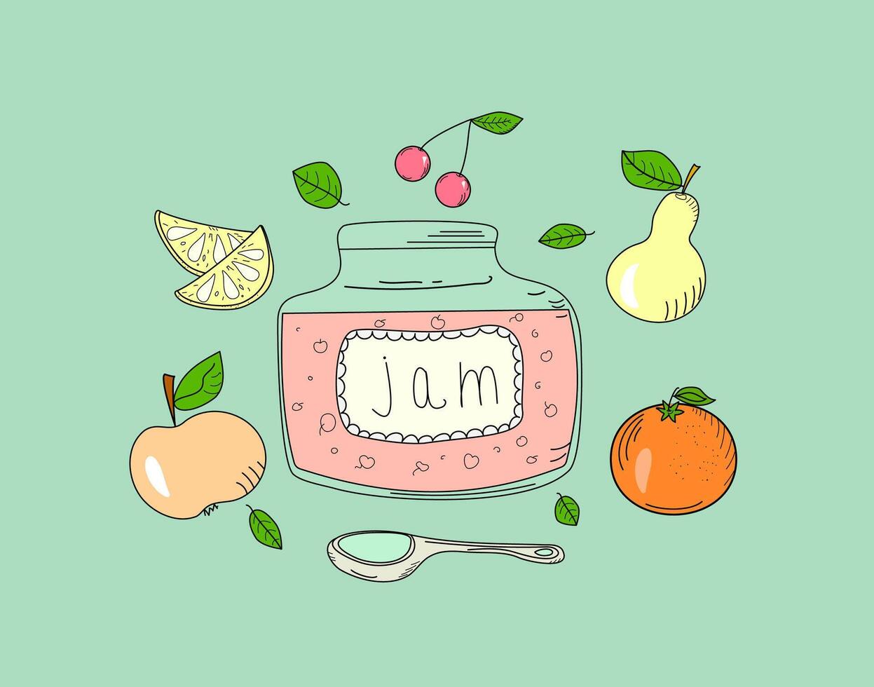 Glass jar with compote, fruit jam doodle. Outline color drawing, illustration. Food and drinks, fruits. vector