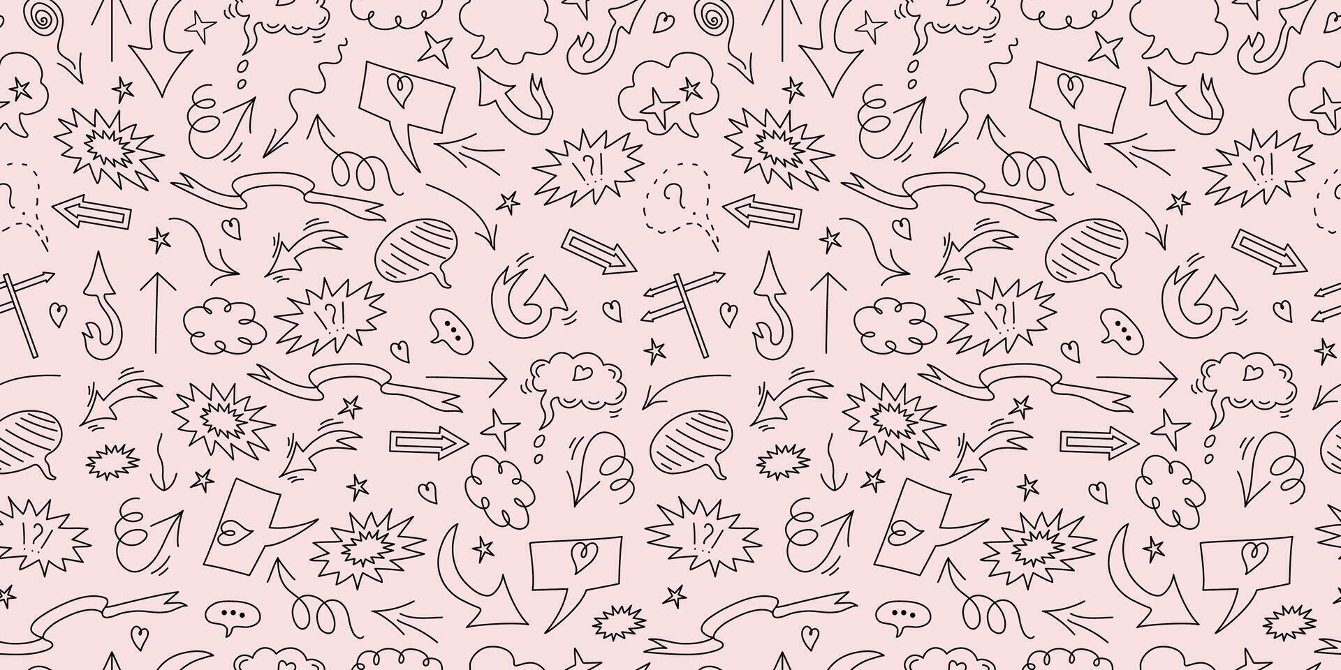 Pattern seamless background. Set doodle elements. Arrows, heart, elements for conceptual design. Speech bubble, cloud for text. vector
