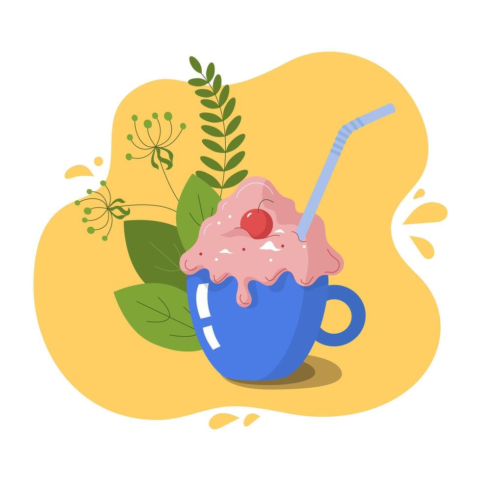 Cup with dessert, cream. Sweet drink. Cup of coffee with whipped cream. Grass, leaves. Colored isolated background. Flat illustration. vector